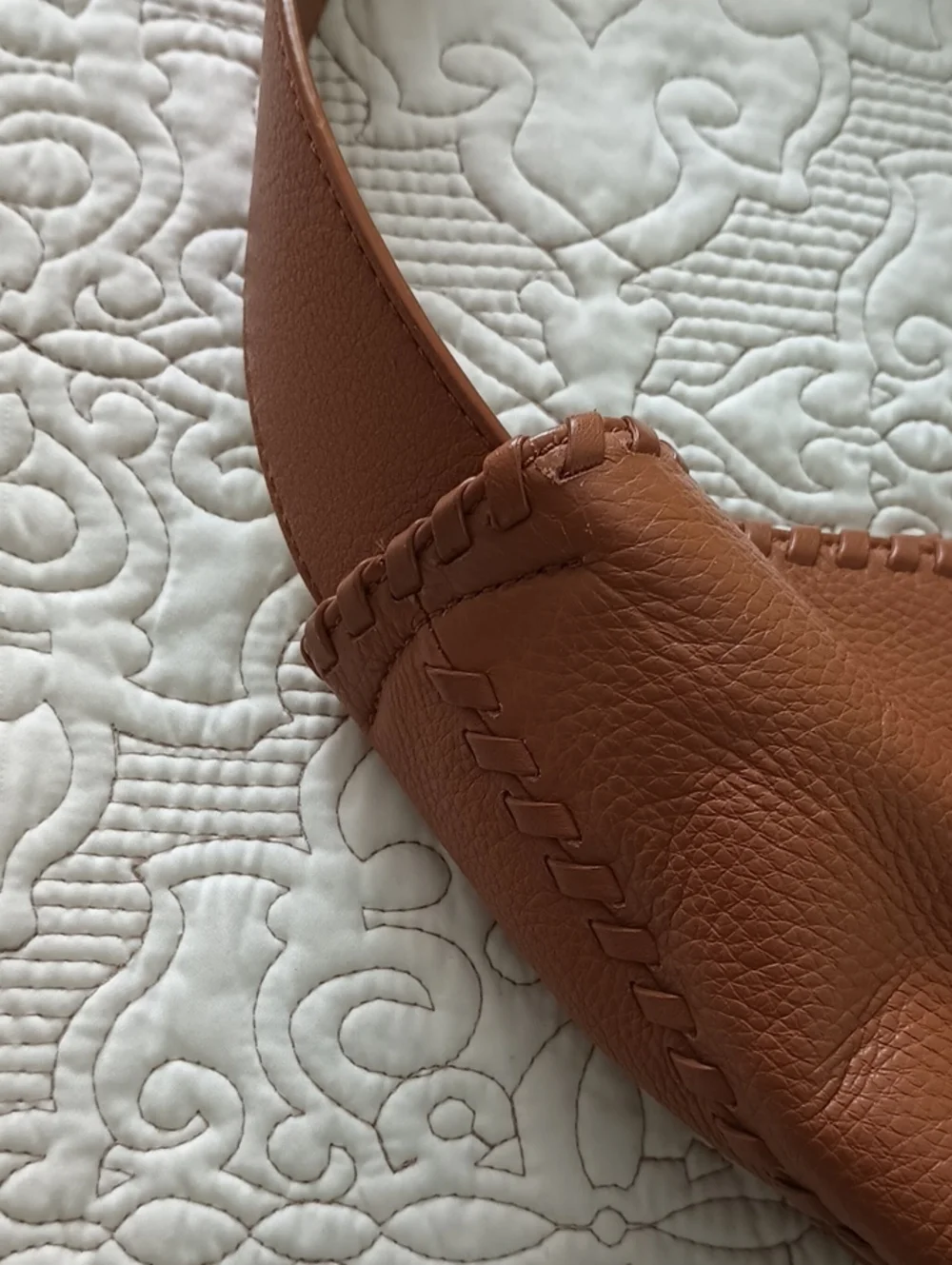 Tory Burch Marion Whipstitch Warm Cognac Leather Shoulder Logo Hobo